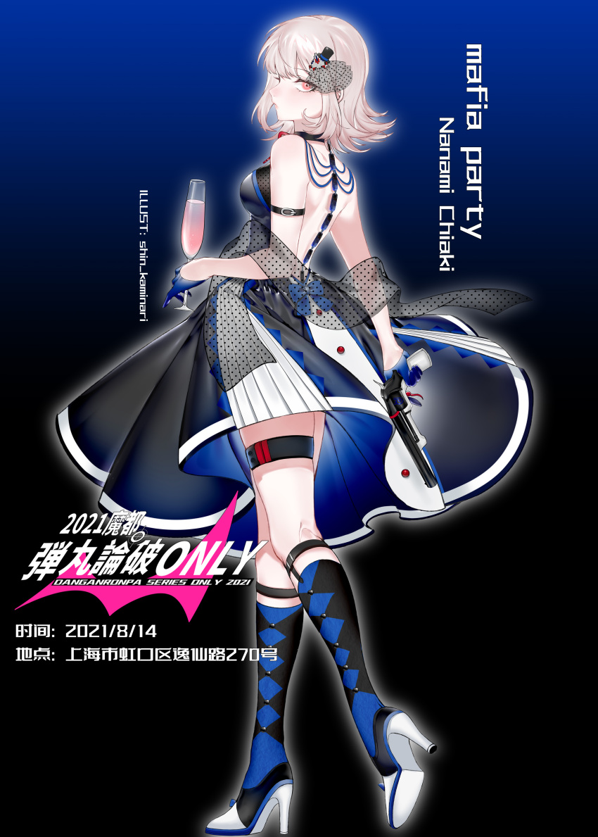 1girl 2021 absurdres alcohol alternate_costume artist_name bangs bare_shoulders black_background black_choker black_dress black_legwear blue_background blue_bow blue_dress blue_gloves blue_legwear bow bra breasts character_name choker commentary_request danganronpa_(series) danganronpa_2:_goodbye_despair dress english_text from_side full_body glass gloves gradient gradient_background gun high_heels highres holding holding_gun holding_weapon light_brown_hair looking_at_viewer mafia medium_breasts medium_hair nanami_chiaki neck_ribbon polka_dot polka_dot_bow polka_dot_bra polka_dot_legwear red_ribbon ribbon shiny shiny_hair sideways_glance skindentation solo spaceship_hair_ornament thigh_strap translation_request tuteurfars_shin underwear weapon