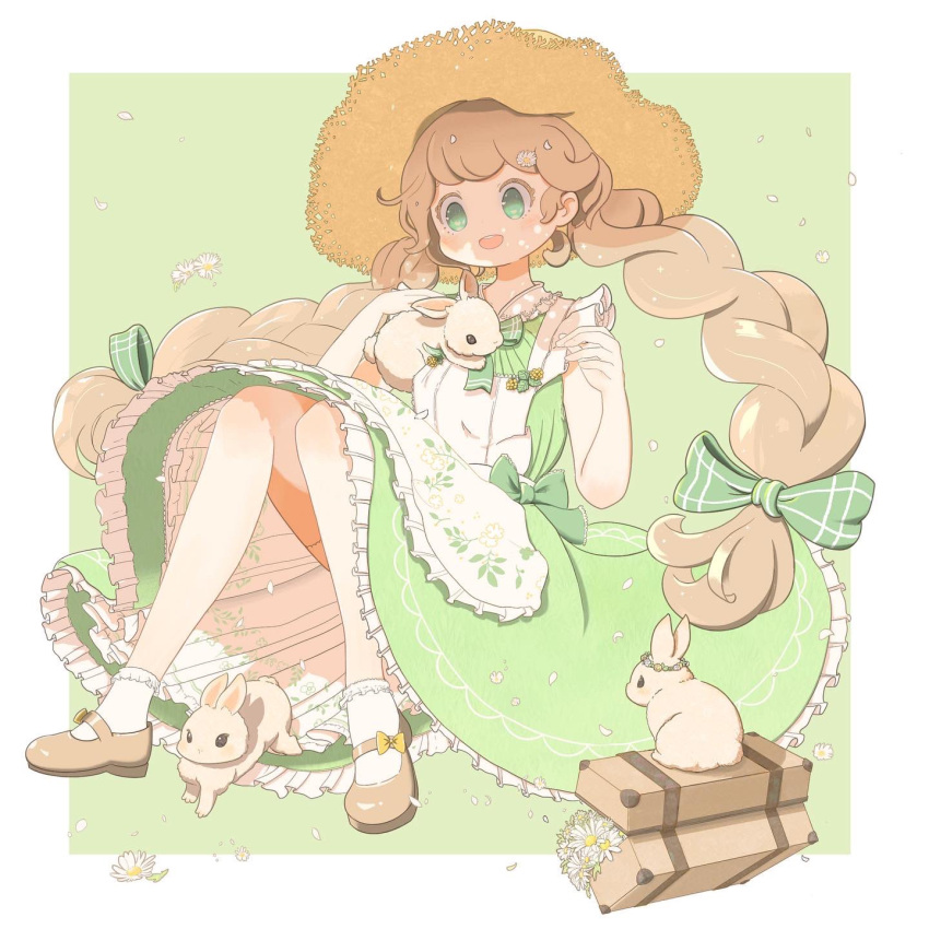 ankle_socks apron blonde_hair braid daisy dress flower green_background green_dress green_eyes green_theme happy hat head_wreath highres long_hair mary_janes open_mouth original quinoko rabbit shoes smile socks straw_hat sun_hat teeth twin_braids upper_teeth_only very_long_hair