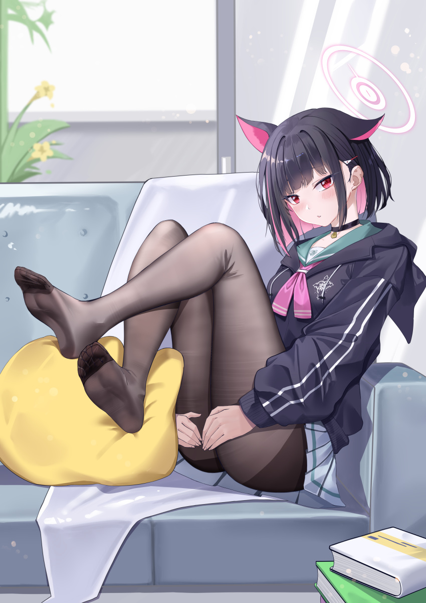 1girl absurdres animal_ears black_choker black_hair black_hoodie black_jacket black_pantyhose blue_archive blush cat_choker cat_ears choker colored_inner_hair covering_ass covering_privates extra_ears green_sailor_collar hair_ornament hairclip halo highres hood hooded_jacket hoodie indoors jacket kaijiba kazusa_(blue_archive) legs_up long_sleeves looking_at_viewer multicolored_hair neckerchief no_shoes pantyhose pink_hair pink_halo pink_neckerchief red_eyes sailor_collar short_hair sitting soles solo thighs two-tone_hair