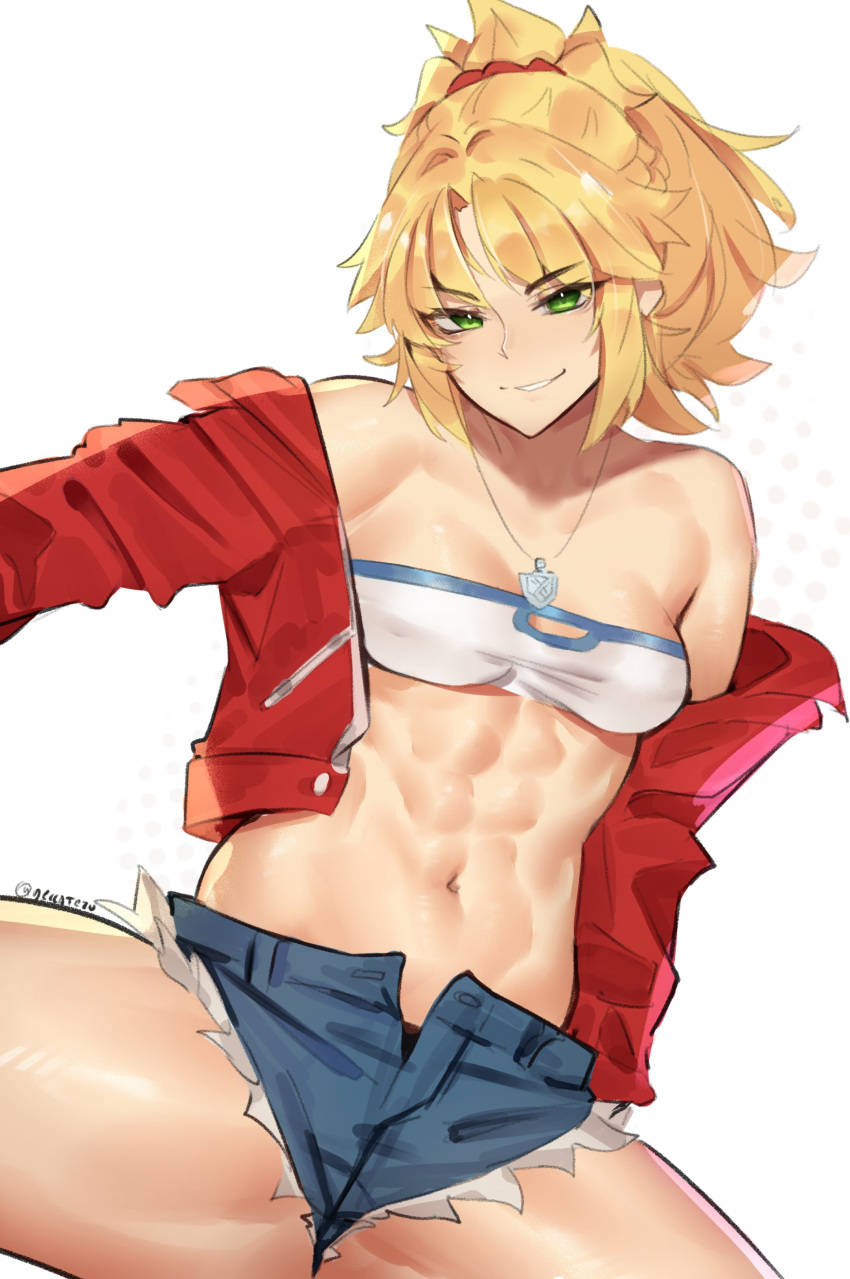 1girl abs absurdres blonde_hair breasts commentary cutoffs deccatezu denim denim_shorts english_commentary fate/apocrypha fate/grand_order fate_(series) green_eyes hair_ornament hair_scrunchie highres jacket jewelry long_hair mordred_(fate) mordred_(fate/apocrypha) mordred_(memories_at_trifas)_(fate) navel necklace open_clothes open_jacket red_jacket scrunchie short_shorts shorts small_breasts smile solo thighs