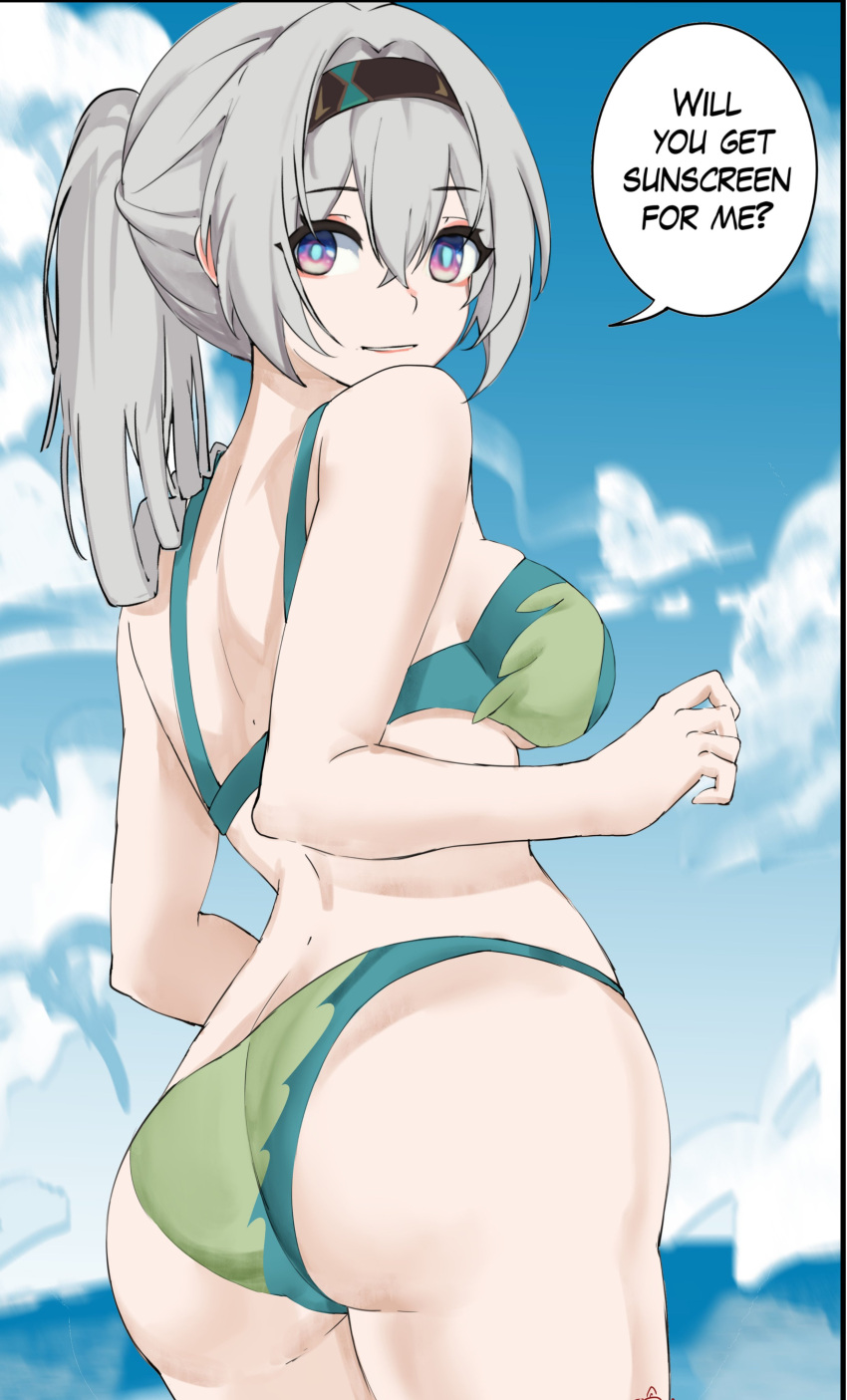 1girl absurdres ass bare_arms bare_shoulders bikini blue_sky breasts cloud commentary cowboy_shot day firefly_(honkai:_star_rail) green_bikini grey_hair grin highres honkai:_star_rail honkai_(series) kagurachi long_hair looking_at_viewer medium_breasts ponytail purple_eyes sidelocks sky smile solo speech_bubble standing swimsuit thighs