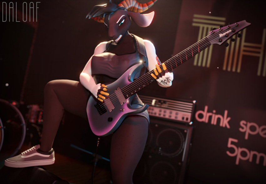 2022 3d_(artwork) amplifier anthro arm_tattoo black_hair black_tattoo bottomwear bovid breasts brown_body brown_ears brown_fur brown_inner_ear caprine clothed clothing digital_media_(artwork) drum drum_set electric_guitar fan_character female female_anthro footwear freckled_legs freckles freckles_on_face fur goat green_eyes green_hair guitar guitar_amp hair hand_tattoo hi_res horn kara_(daloaf) loaf3d long_ears mammal multicolored_body multicolored_ears multicolored_fur multicolored_hair musical_instrument percussion_instrument playing_guitar playing_music plucked_string_instrument ponytail shirt shoes shorts signature solo string_instrument tail tank_top tattoo teeth text topwear white_body white_ears white_fur white_inner_ear white_tail yellow_body yellow_fingers
