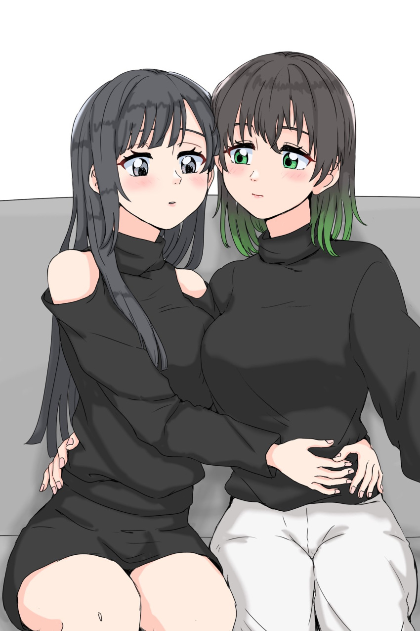 2girls black_hair black_sweater breasts closed_mouth clothing_cutout commentary_request gradient_hair green_eyes green_hair grey_eyes hair_down hand_on_another's_back highres hug long_hair long_sleeves looking_at_another love_live! love_live!_nijigasaki_high_school_idol_club majime_na_gakuinsei medium_breasts multicolored_hair multiple_girls pants short_hair shoulder_cutout sidelocks sitting sweater takasaki_yu upper_body white_pants yuki_setsuna_(love_live!) yuri