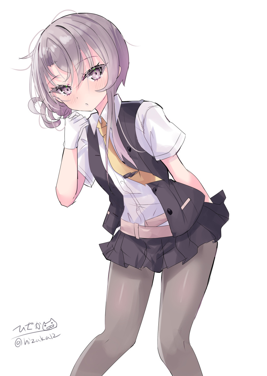 1girl absurdres artist_logo asymmetrical_hair belt black_pantyhose black_skirt black_vest collared_shirt dress_shirt feet_out_of_frame gloves grey_eyes grey_hair highres hizaka kantai_collection long_hair necktie nowaki_(kancolle) one-hour_drawing_challenge pantyhose pleated_skirt school_uniform shirt simple_background skirt solo twitter_username vest white_background white_gloves white_shirt yellow_necktie