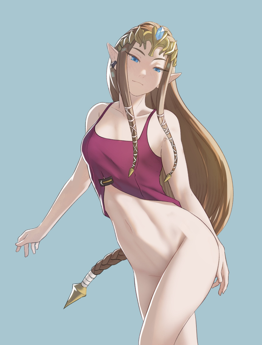 1girl absurdres bare_shoulders blue_background blue_eyes bottomless braid collarbone earrings elf highres jewelry long_hair looking_at_viewer navel pointy_ears pomelomelon princess_zelda purple_shirt shirt simple_background single_earring sleeveless smile solo the_legend_of_zelda the_legend_of_zelda:_twilight_princess tiara topless very_long_hair