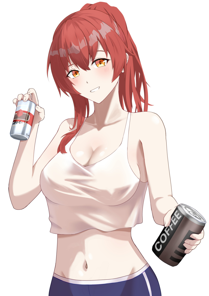 1girl :d absurdres azu_3423 beer_can blue_shorts breasts can coffee dolphin_shorts drink_can english_commentary grin highres holding holding_can honkai_(series) honkai_impact_3rd large_breasts long_hair looking_at_viewer midriff murata_himeko navel ponytail red_hair shirt shorts simple_background sleeveless sleeveless_shirt smile solo stomach teeth upper_body white_background white_shirt yellow_eyes