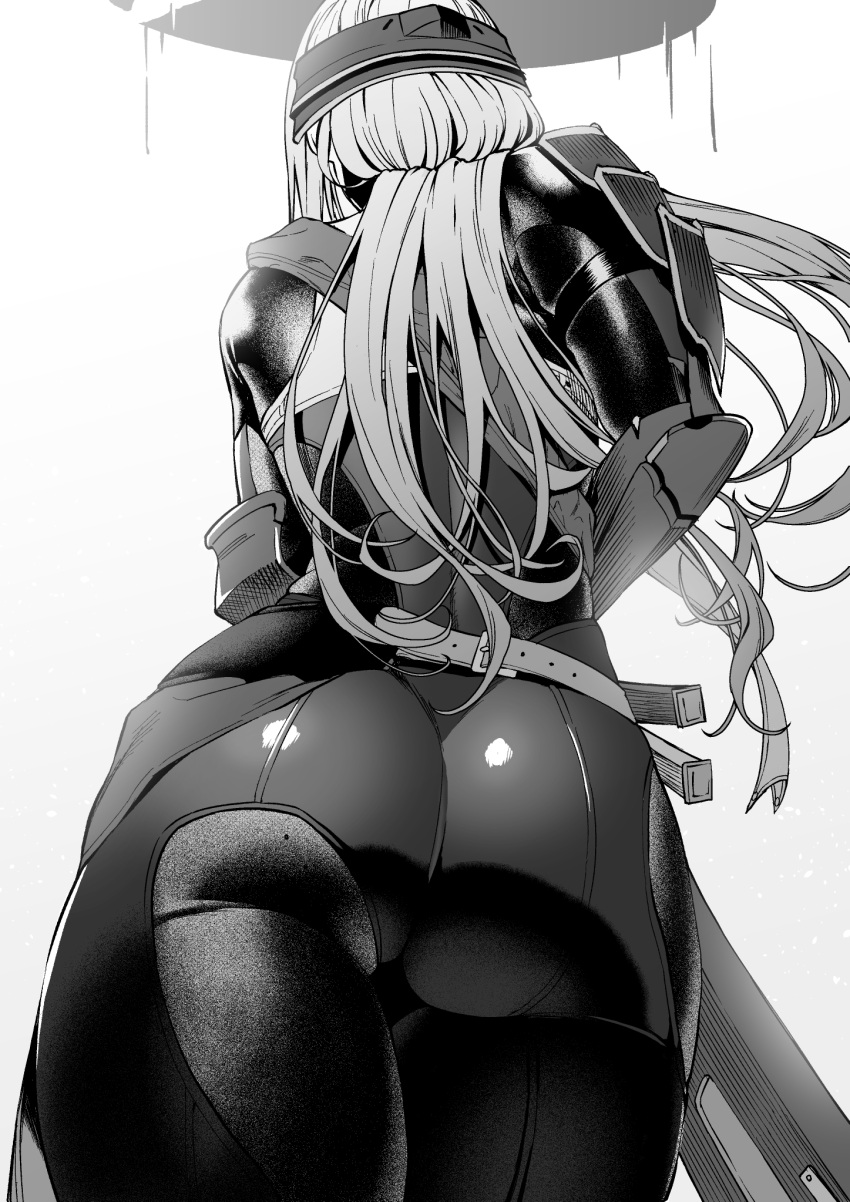 1girl amano_don arm_guards armor armored_bodysuit ass ass_focus belt bodysuit commentary cowboy_shot from_behind from_below goddess_of_victory:_nikke greyscale halo highres japanese_armor long_hair mole mole_on_ass monochrome scabbard scarlet_(black_shadow)_(nikke) scarlet_(nikke) sheath shoulder_armor simple_background solo standing white_background