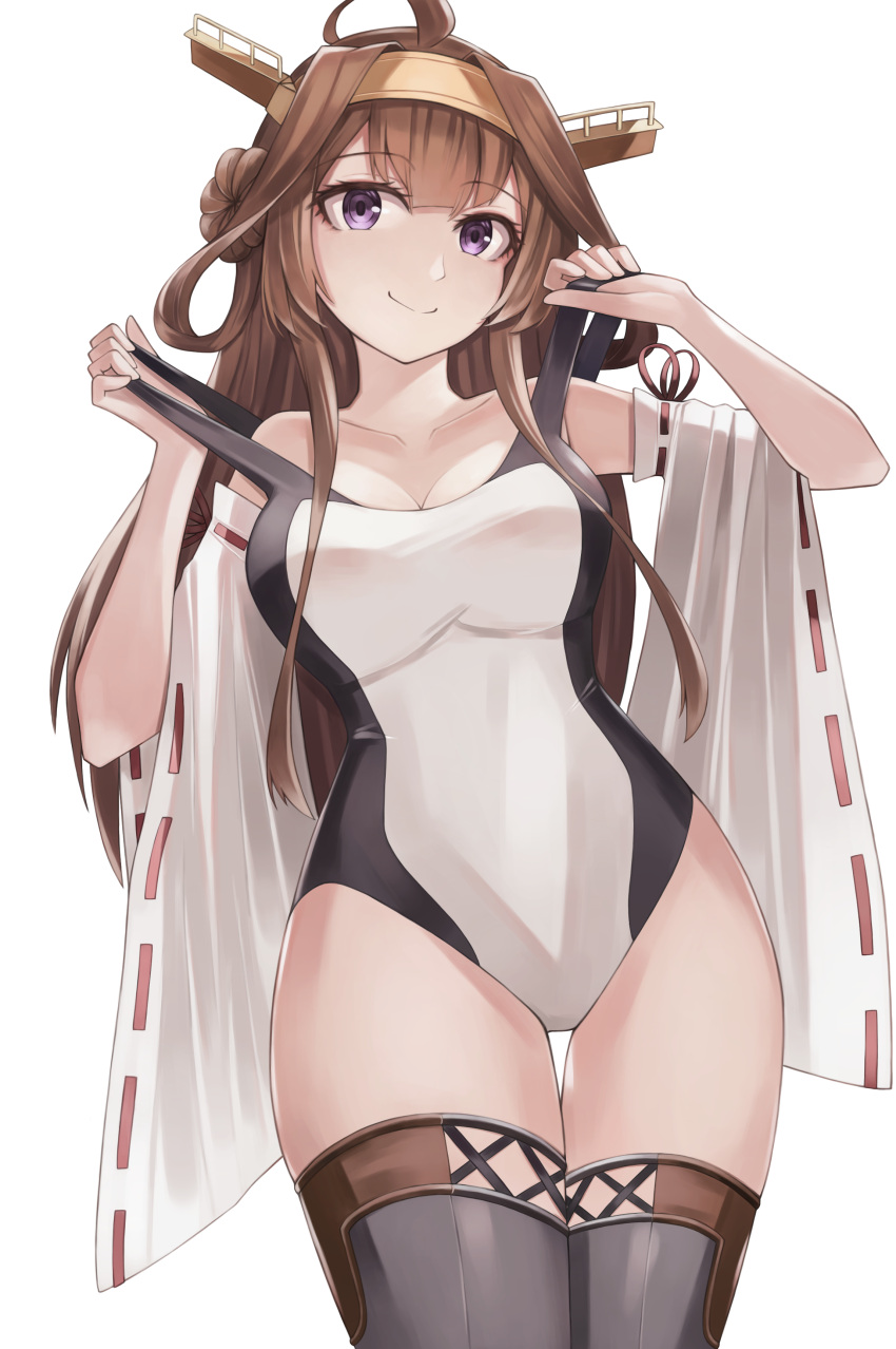 1girl absurdres ahoge beisaku_bei black_thighhighs brown_hair clothes_pull competition_swimsuit detached_sleeves double_bun gold_hairband grey_thighhighs hair_bun hairband headgear highres kantai_collection kongou_(kancolle) long_hair nontraditional_miko one-piece_swimsuit one-piece_swimsuit_pull purple_eyes ribbon-trimmed_sleeves ribbon_trim simple_background solo swimsuit thigh_gap thighhighs two-tone_swimsuit white_background white_one-piece_swimsuit