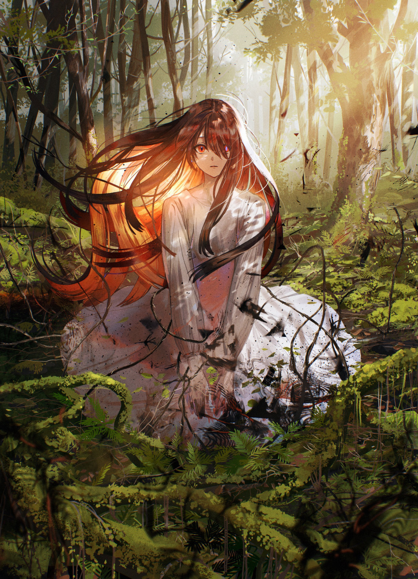1girl absurdres branch brown_hair commentary_request dappled_sunlight dress forest hair_over_one_eye highres leaf long_hair looking_at_viewer nature original outdoors purple_eyes purple_pupils red_eyes solo sunlight syo5 tree white_dress