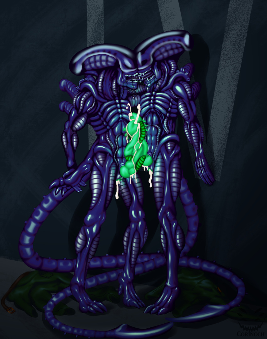 after_transformation against_wall alien alien_(franchise) anthro arm_around_shoulders bodily_fluids clothing corinoch_(artist) cum cum_drip cum_in_pussy cum_inside cum_on_penis discarded_clothing dripping drooling duo embrace excessive_cum excessive_saliva frottage genital_fluids genitals glowing glowing_genitalia glowing_penis herm herm/herm hi_res intersex intersex/intersex kissing maleherm maleherm/maleherm nuzzling penis prehensile_penis pussy pussy_juice pussy_juice_drip raised_leg saliva saliva_string sex transformation unusual_genitalia unusual_penis xenomorph