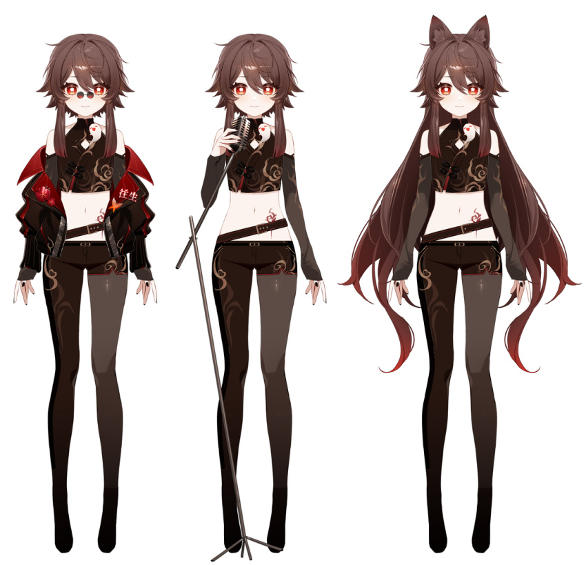 1girl animal_ears asymmetrical_clothes bare_shoulders belt black_jacket black_pants black_shirt boo_tao_(genshin_impact) brown_hair brown_pantyhose cat_ears closed_mouth crop_top detached_sleeves full_body genshin_impact gradient_hair holding hu_tao_(genshin_impact) jacket long_hair long_sleeves looking_at_viewer microphone_stand midriff multicolored_hair multiple_views navel off_shoulder open_clothes open_jacket pants pantyhose pince-nez red_eyes shibuya_(kurokamishain) shirt single_leg_pantyhose single_pantsleg sleeveless sleeveless_shirt smile standing star-shaped_pupils star_(symbol) stomach stomach_tattoo sunglasses symbol-shaped_pupils tachi-e tattoo very_long_hair