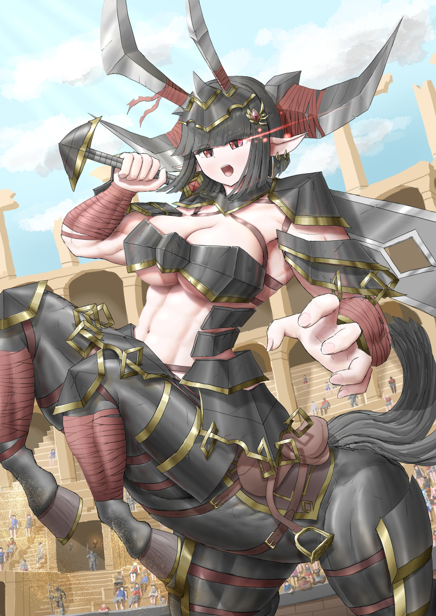 1girl absurdres arena arm_armor arm_wrap armor audience black_armor black_hair blade_horns blue_sky blunt_bangs boobplate breasts centaur cleavage cloud commentary_request crowd day dutch_angle fake_horns faulds glowing glowing_eye greatsword hair_ornament hairclip headgear highres holding holding_sword holding_weapon hooves horns horse_tail horseshoe knee_pads large_breasts leg_wrap looking_at_viewer monster_girl multiple_legs navel open_mouth original outdoors over_shoulder pointy_ears rearing red_eyes saddle saddle_blanket short_hair shoulder_armor skindentation sky solo_focus stadium standing stirrups_(riding) sword tail taur teeth underboob upper_teeth_only weapon weapon_over_shoulder yukki_(uuws4345)