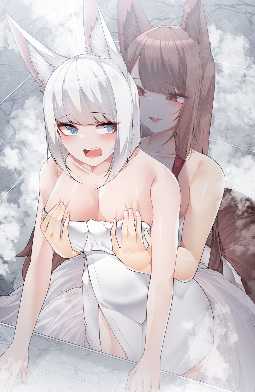 2girls :d :o @_@ absurdres akagi_(azur_lane) animal_ears azur_lane bare_shoulders blue_eyes blush breasts brown_hair cleavage eyeshadow fox_ears fox_girl fox_tail grabbing grabbing_another's_breast grabbing_from_behind groping hair_ornament hairclip highres kaga_(azur_lane) kitsune large_breasts leaning_forward leaning_on_person long_hair looking_at_another looking_back makeup medium_hair multiple_girls multiple_tails naked_towel red_eyes red_eyeshadow samip slit_pupils smile steam surprised tail teeth towel upper_teeth_only very_long_hair white_hair yuri