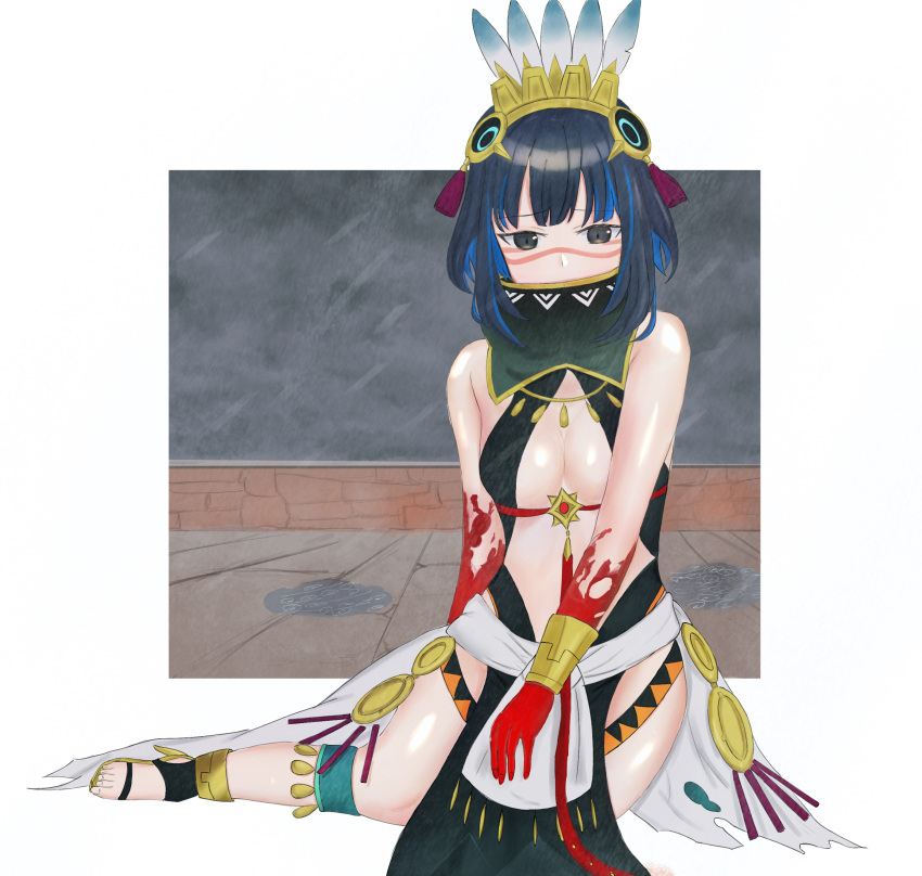 1girl absurdres bare_shoulders black_hair blood blood_on_hands blue_hair breasts cleavage colored_inner_hair facepaint fate/grand_order fate_(series) feathers feet grey_eyes headdress highres jewelry looking_at_viewer multicolored_hair short_hair skirt solo tenochtitlan_(fate) tenochtitlan_(first_ascension)_(fate) uriuriyukitti