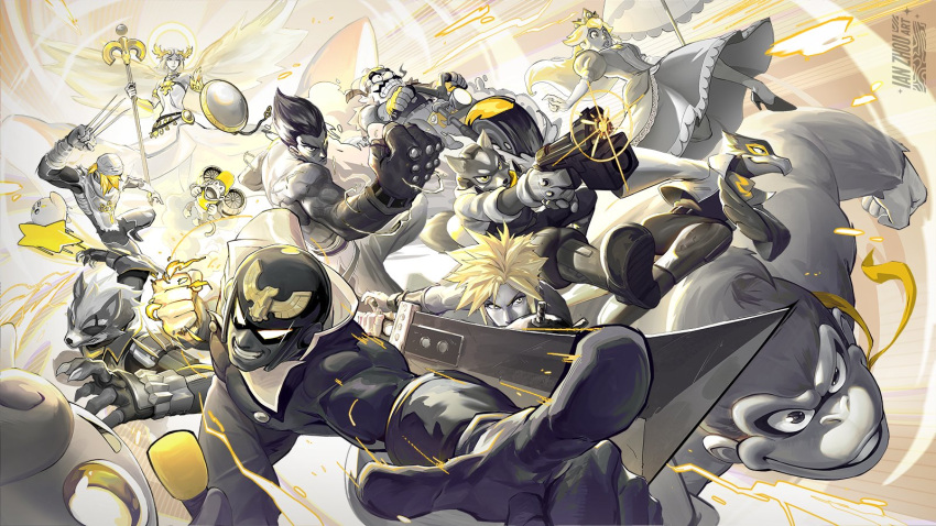 3girls 6+boys angel_wings buster_sword captain_falcon clenched_hand cloud_strife diddy_kong donkey_kong donkey_kong_(series) dress f-zero falco_lombardi fighting_stance final_fantasy final_fantasy_vii fingerless_gloves fox_mccloud gloves gun handgun helmet highres holding holding_shield holding_staff ianzhouart jetpack kid_icarus kid_icarus_uprising kirby kirby_(series) mage_staff mario_(series) mishima_kazuya monochrome multiple_boys multiple_girls parasol pointing pointing_at_viewer princess_peach serious sheik shield smile staff star_fox super_smash_bros. tekken the_legend_of_zelda the_legend_of_zelda:_ocarina_of_time umbrella wario warioware warp_star weapon wings wolf_o'donnell