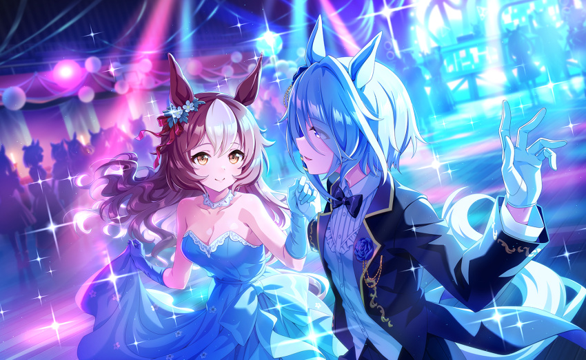 2girls alternate_costume alternate_hairstyle animal_ears ballroom blue_eyes blue_hair blush breasts brown_hair cleavage closed_mouth collarbone dancing dress flower hair_ornament k.s.miracle_(umamusume) long_hair medium_breasts medium_hair multiple_girls official_art open_mouth rose small_breasts smile umamusume yamanin_zephyr_(umamusume)