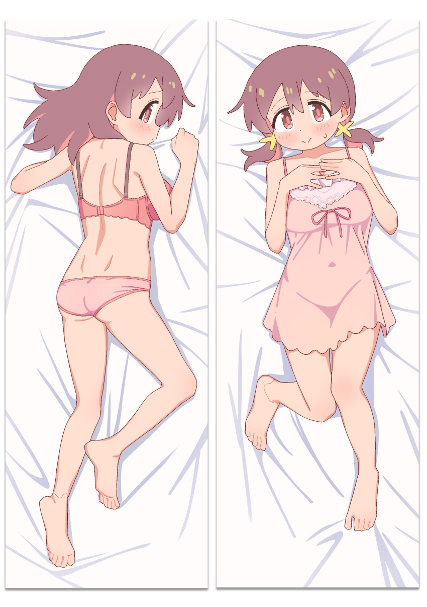 1girl absurdres ass bare_arms bare_legs bare_shoulders barefoot bed_sheet blush bra breasts brown_hair collarbone commentary covered_navel dakimakura_(medium) dimples_of_venus dot_nose feet full_body hair_between_eyes hair_down hair_ornament hands_on_own_chest highres large_breasts long_hair looking_at_viewer looking_back low_twintails lying multiple_views murosaki_miyo nightgown nuurise2023 on_back on_stomach onii-chan_wa_oshimai! panties pink_nightgown pink_panties red_bra red_eyes red_hair shoulder_blades smile toes twintails underwear underwear_only