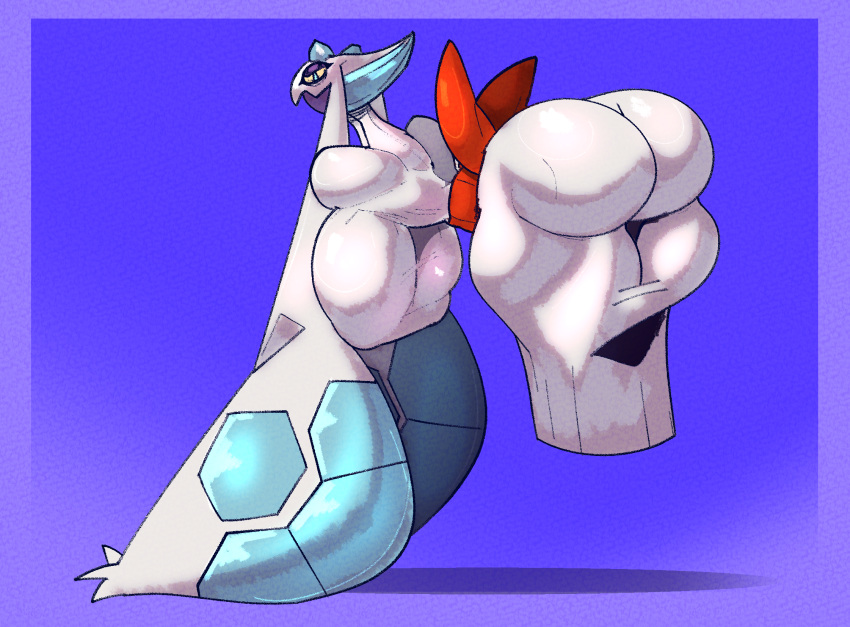 2023 big_breasts big_butt blue_eyes breasts butt crawlything digital_drawing_(artwork) digital_media_(artwork) eyeshadow female froslass generation_4_pokemon hi_res huge_breasts huge_butt humanoid looking_at_viewer makeup nintendo pokemon pokemon_(species) purple_background purple_eyeshadow red_bow simple_background solo thick_thighs white_body yellow_sclera