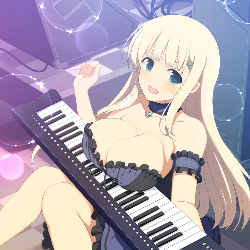 1girl aqua_background aqua_eyes bare_shoulders blonde_hair blush breast_rest breasts character_azatoi cleavage detached_collar dress feet_out_of_frame hair_ornament hairclip hand_up highres instrument jewelry keyboard_(instrument) large_breasts lens_flare long_hair looking_at_viewer medium_breasts necklace open_clothes open_dress open_eyes open_mouth piano piano_keys pink_background second-party_source senran_kagura senran_kagura_shoujo-tachi_no_shin'ei sitting smile solo sparkle_background yomi_(senran_kagura)
