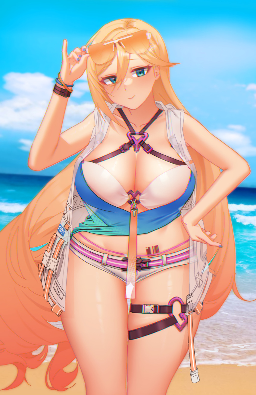 1girl barcode barcode_tattoo bare_shoulders belt bianka_durandal_ataegina bianka_durandal_ataegina_(valkyrie_gloria) blonde_hair blue_nails blue_shirt blue_sky breasts cleavage cloud cloudy_sky cowboy_shot english_commentary eun_bari highres holding holding_removed_eyewear honkai_(series) honkai_impact_3rd jacket large_breasts leaning_forward long_hair nail_polish open_clothes open_jacket outdoors pinky_out sand shirt shorts sky sleeveless sleeveless_jacket smile solo summer sunglasses tattoo thigh_strap unworn_eyewear very_long_hair water white_jacket white_shorts