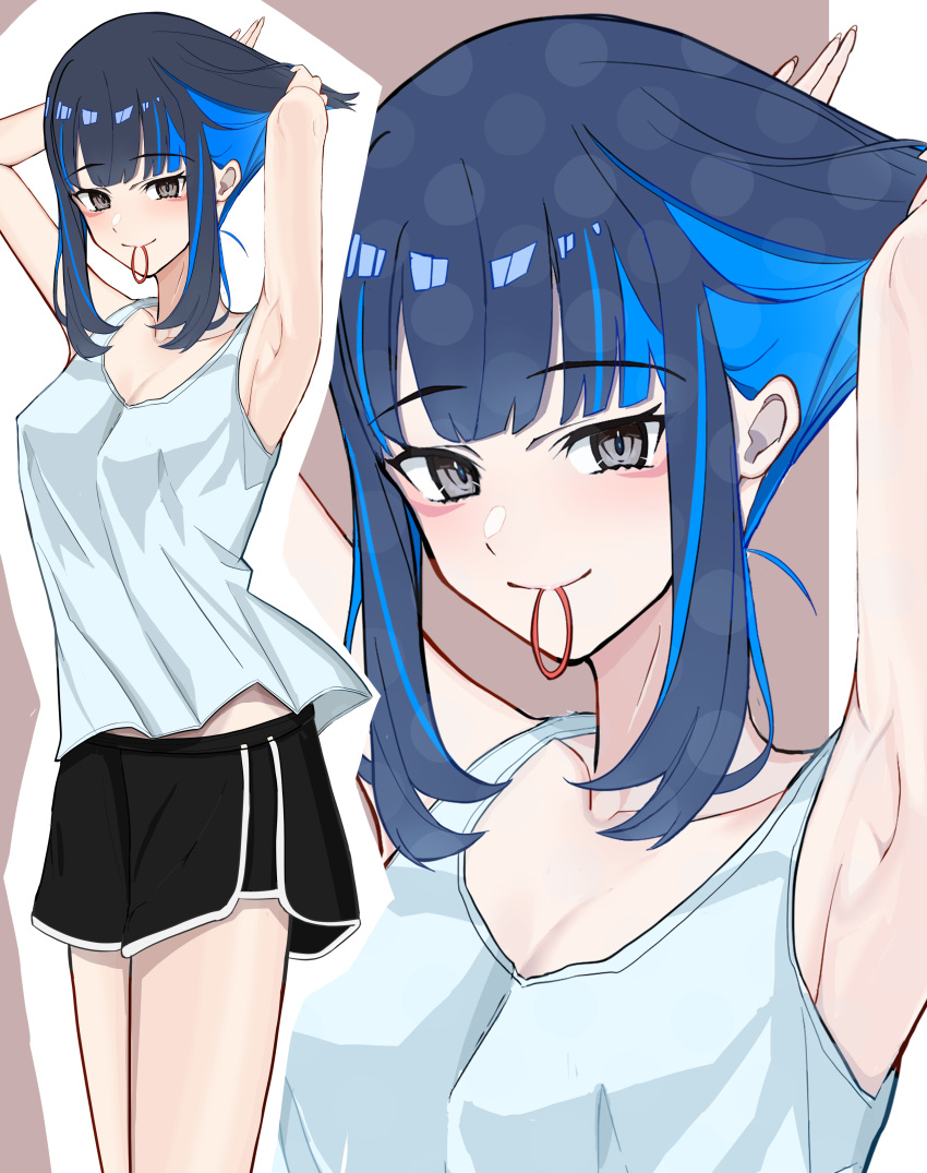 1girl absurdres adjusting_hair armpits black_hair black_shorts blue_hair colored_inner_hair fate/grand_order fate_(series) grey_eyes highres looking_at_viewer multicolored_hair shirt shorts smile solo tank_top tenochtitlan_(fate) uriuriyukitti white_shirt