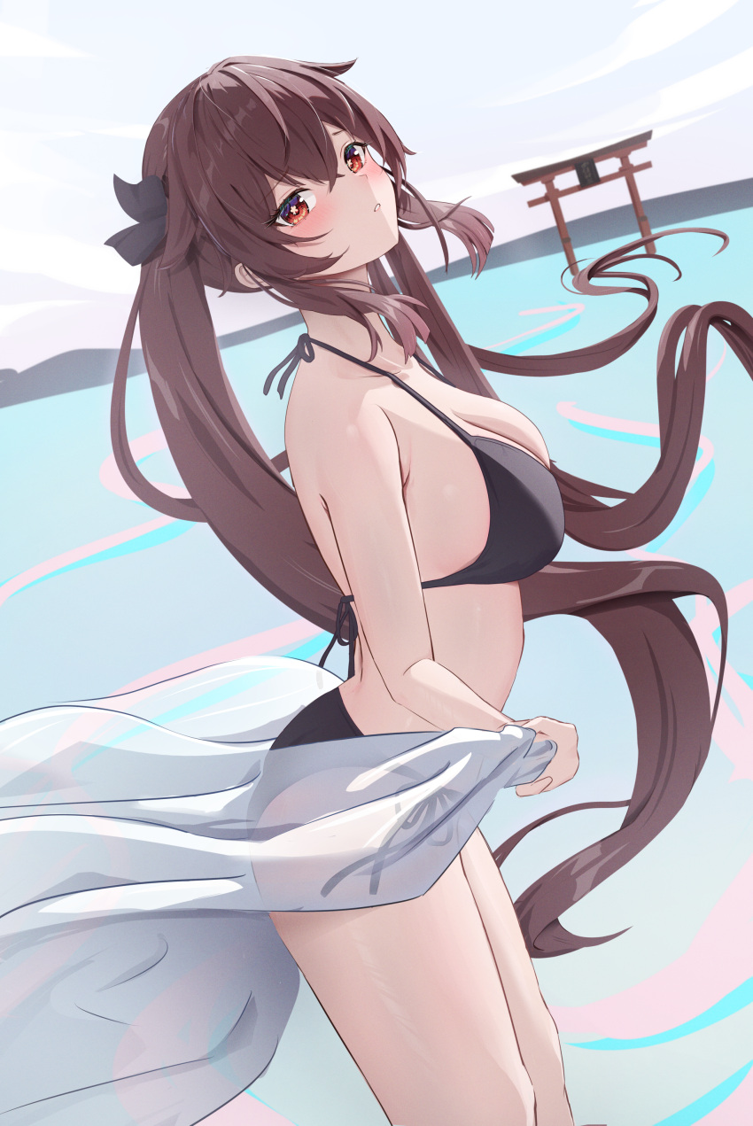 1girl absurdres arched_back ass bare_arms bikini black_bikini blush breasts brown_hair collarbone commentary_request crossed_bangs genshin_impact hair_between_eyes hair_ribbon head_tilt highres holding_sarong hu_tao_(genshin_impact) long_hair looking_at_viewer medium_breasts mountainous_horizon ocean outdoors parted_lips pharmarr red_eyes ribbon sarong see-through_sarong sidelocks solo standing star-shaped_pupils star_(symbol) swimsuit symbol-shaped_pupils thighs torii very_long_hair white_sarong