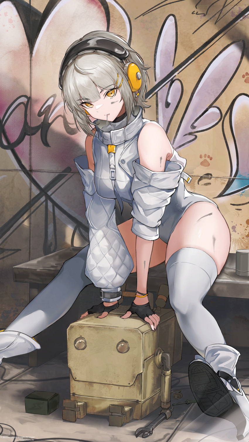 1girl absurdres arm_support arms_between_legs asymmetrical_sleeves bare_shoulders bench black_gloves bottle box cup detached_sleeves dirty dirty_face ear_protection fingerless_gloves gloves graffiti grey_hair grey_leotard hair_ornament hairclip half_gloves high_collar highres leotard looking_at_viewer marumoru original short_hair sitting skindentation thick_thighs thighhighs thighs white_thighhighs yellow_eyes