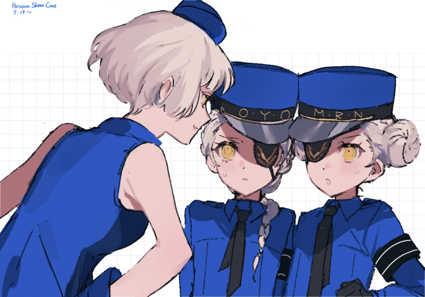 3girls blue_dress blue_hat blue_shirt caroline_(persona_5) double_bun dress elizabeth_(persona) eyepatch grey_hair hair_bun hat highres justine_(persona_5) looking_at_another m0rtalcoil0 multiple_girls necktie nervous peaked_cap persona persona_3 persona_5 shirt short_hair sketch smile sweatdrop upper_body