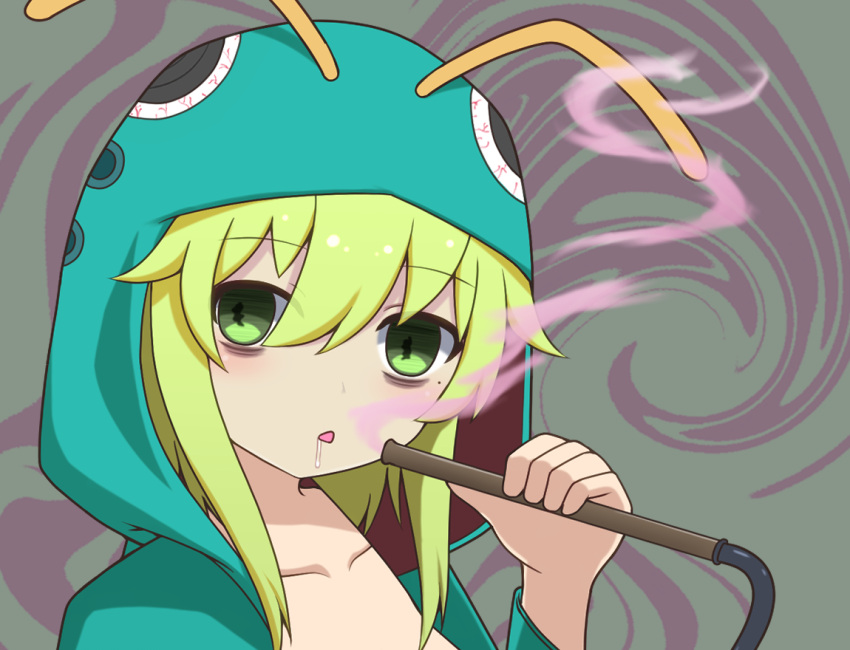 1girl abstract_background bags_under_eyes black_souls blonde_hair bloodshot_eyes caterpillar_costume drooling empty_eyes fake_antennae green_eyes hookah looking_at_viewer portrait shisha_(black_souls) short_hair solo udododo