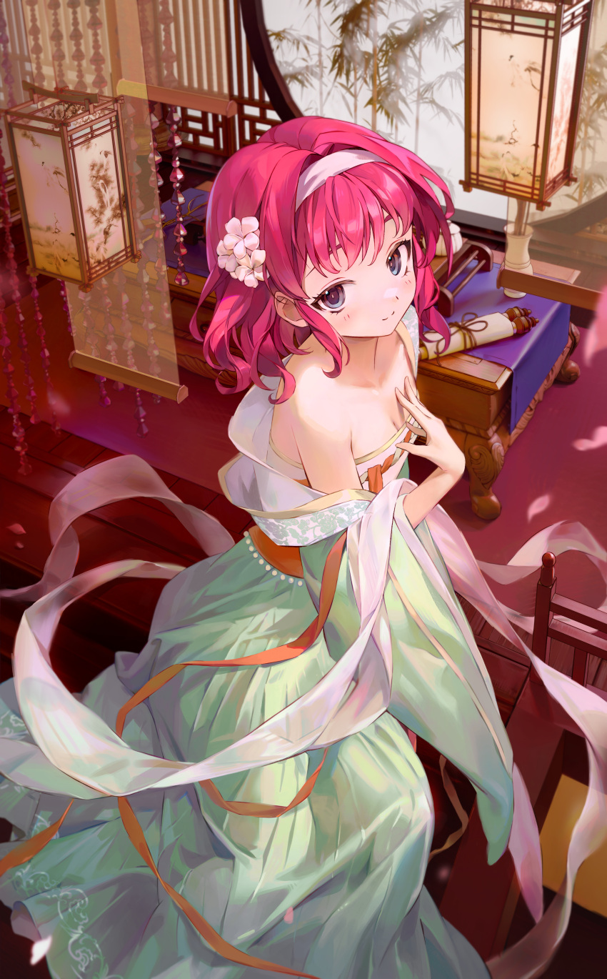 1girl absurdres bare_shoulders blush breasts cherry_blossoms chinese_clothes cleavage corette dress flower green_dress grey_eyes hagoromo hair_flower hair_ornament hairband highres indoors lantern looking_at_viewer original paper_lantern pink_flower pink_hair scroll shawl small_breasts smile solo spring_(season)