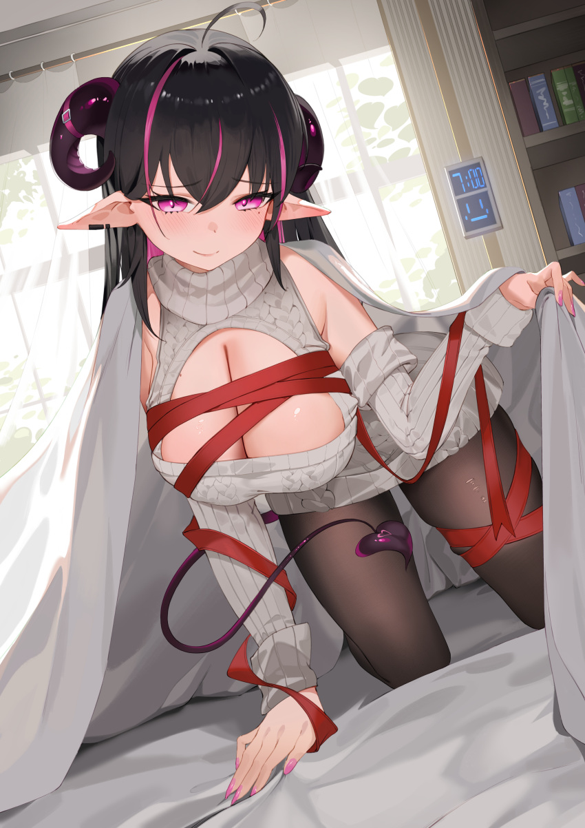 1girl absurdres ahoge all_fours black_hair black_pantyhose black_tail blanket breasts cleavage closed_mouth copyright_request demon_girl demon_horns demon_tail detached_sleeves fingernails grey_sweater hair_between_eyes highres horns indoors large_breasts lcy_bingzi long_fingernails long_hair long_sleeves looking_at_viewer mole mole_under_eye multicolored_hair pantyhose pink_eyes pink_hair pink_nails pointy_ears red_ribbon ribbon smile solo streaked_hair sweater tail under_covers