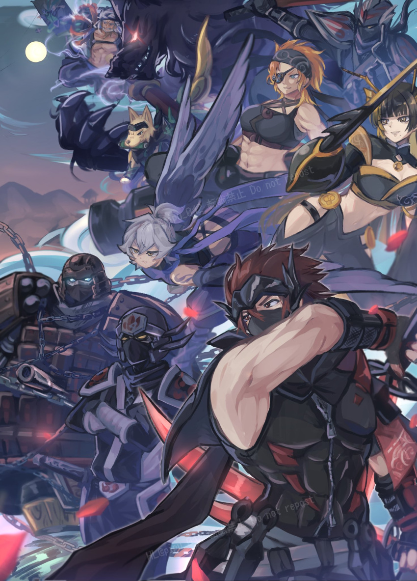 2girls 6+boys arm_blade baku_the_beast_ninja black_hair black_shirt blonde_hair blue_eyes breasts brown_armor brown_eyes brown_hair brown_helmet cleavage crop_top crossed_arms duel_monster eyepatch full_moon furry furry_male grey_hair high_ponytail highres hip_vent holding holding_sword holding_weapon jioh_the_gravity_ninja kagero_the_cannon_ninja kuji-in long_hair mask meizen_the_battle_ninja mitsu_the_insect_ninja mole mole_under_eye moon mouth_mask multicolored_hair multiple_boys multiple_girls navel night ninja ninja_grandmaster_hanzo ninja_grandmaster_saizo orange_hair pipu_012 shirt short_hair sleeveless sleeveless_jacket sword tobari_the_sky_ninja trait_connection twitter_username two-tone_hair watermark weapon wings yaguramaru_the_armor_ninja yu-gi-oh!