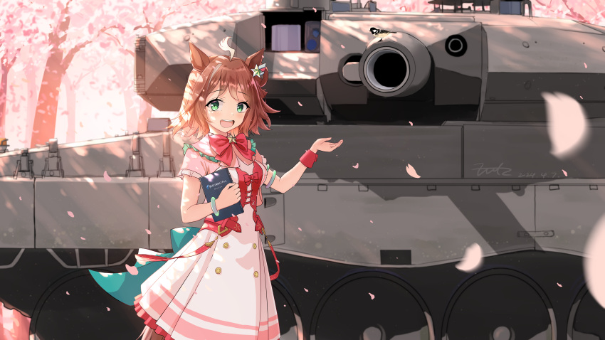 1girl absurdres animal_ears blush breasts brown_hair cherry_blossoms commentary_request dated fritz614 green_eyes hair_between_eyes hair_bun hair_ornament highres horse_girl leopard_2 looking_at_viewer medium_breasts medium_hair military_vehicle motor_vehicle notebook open_mouth petals rhein_kraft_(umamusume) ribbon signature solo tank tree umamusume