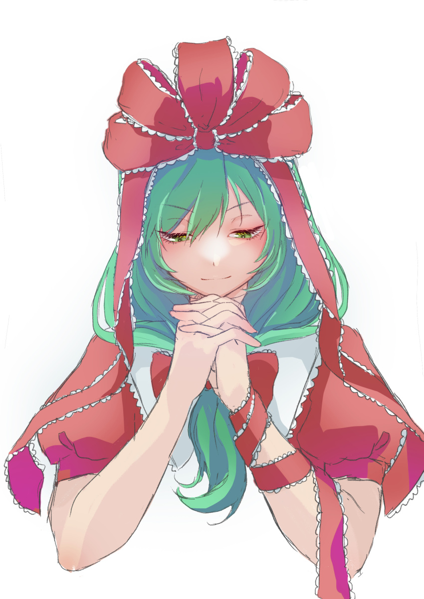 0002koko 1girl absurdres arm_ribbon bow frilled_bow frilled_ribbon frills front_ponytail green_eyes green_hair hair_bow hair_ribbon highres kagiyama_hina puffy_short_sleeves puffy_sleeves red_bow red_ribbon ribbon short_sleeves simple_background smile solo touhou upper_body white_background