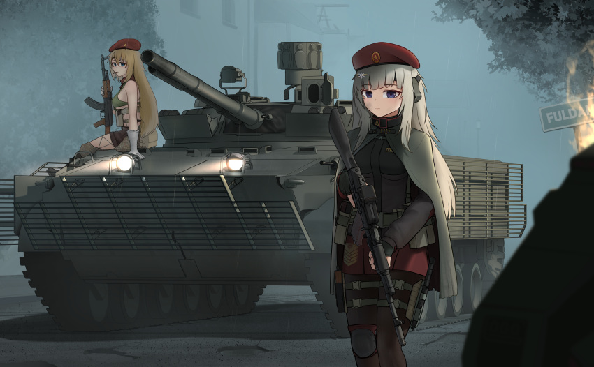 2girls absurdres ak-47 ak-47_(girls'_frontline) ak-74m ak74m_(girls'_frontline) akm armored_vehicle assault_rifle beret black_gloves black_thighhighs blonde_hair blue_eyes bmp-3 brown_shorts cloak combat_knife commentary commission ear_protection expressionless fingerless_gloves fire fog girls'_frontline gloves gun hat highres holding holding_gun holding_weapon kalashnikov_rifle knee_pads knife long_hair looking_at_viewer multiple_girls outdoors ovvvgog13235 pouch purple_eyes red_skirt rifle sheath sheathed shorts single_knee_pad sitting skirt thighhighs weapon white_gloves white_hair