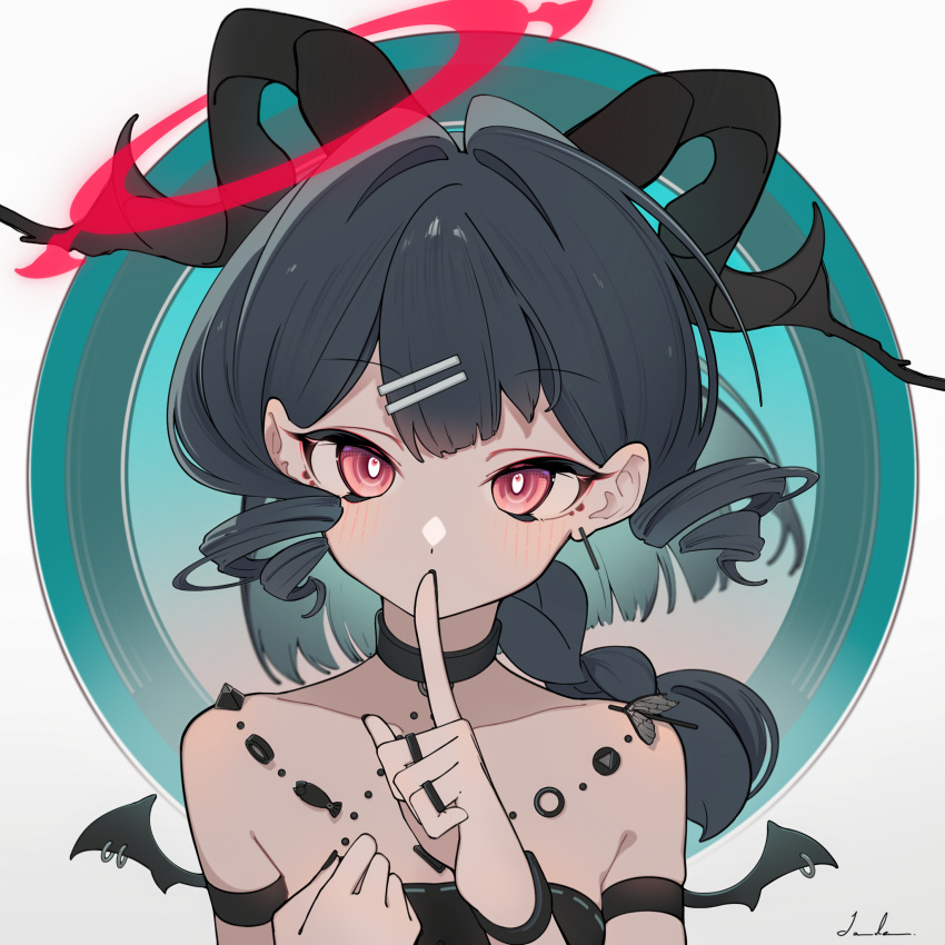 1girl black_wings blush collar collarbone finger_to_mouth grey_hair hair_ornament hairclip halo hcii_(user_xpgx2238) highres horns long_hair mini_wings original piercing red_eyes red_halo shushing signature simple_background solo wing_piercing winged_halo wings