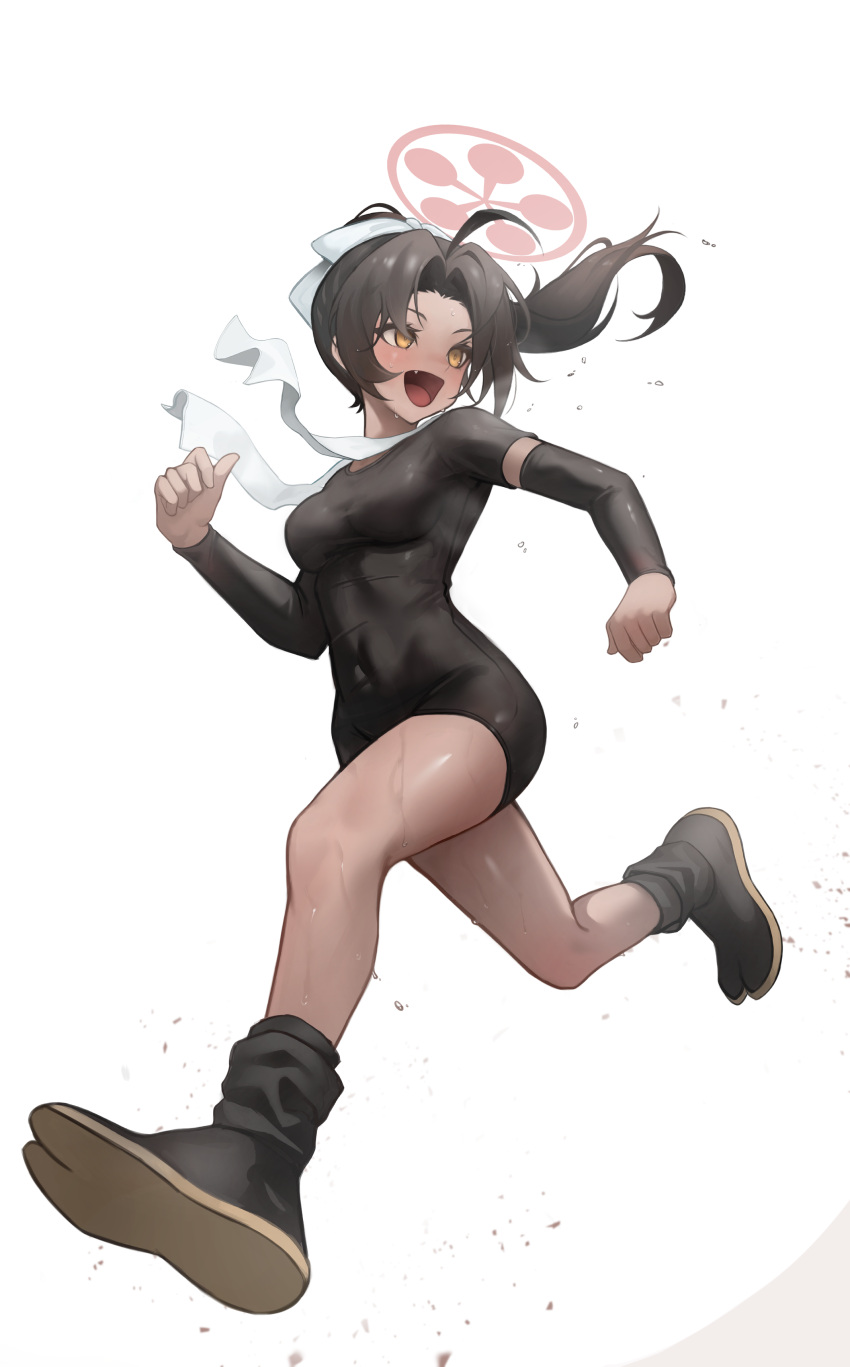 1girl absurdres ahoge arc2urus black_hair blue_archive breasts brown_eyes covered_navel hair_intakes halo highres long_hair long_sleeves medium_breasts open_mouth pink_halo rickshaw_student_(blue_archive) running skin_tight smile solo sweat towel towel_around_neck white_background