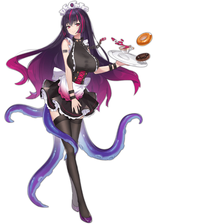 1girl apron ark_order black_corset black_hair black_nails black_shirt black_thighhighs bottle bracelet breasts cart chain collar corset cthulhu_mythos cup doughnut food frilled_apron frilled_shirt frills full_body holding holding_plate holding_tray jewelry large_breasts maid_headdress multicolored_hair official_art pink_hair plate purple_footwear red_eyes shirt shoes shoggoth_(ark_order) sk_tori solo streaked_hair tachi-e teacup tentacles thighhighs transparent_background tray waist_apron white_apron wine_bottle