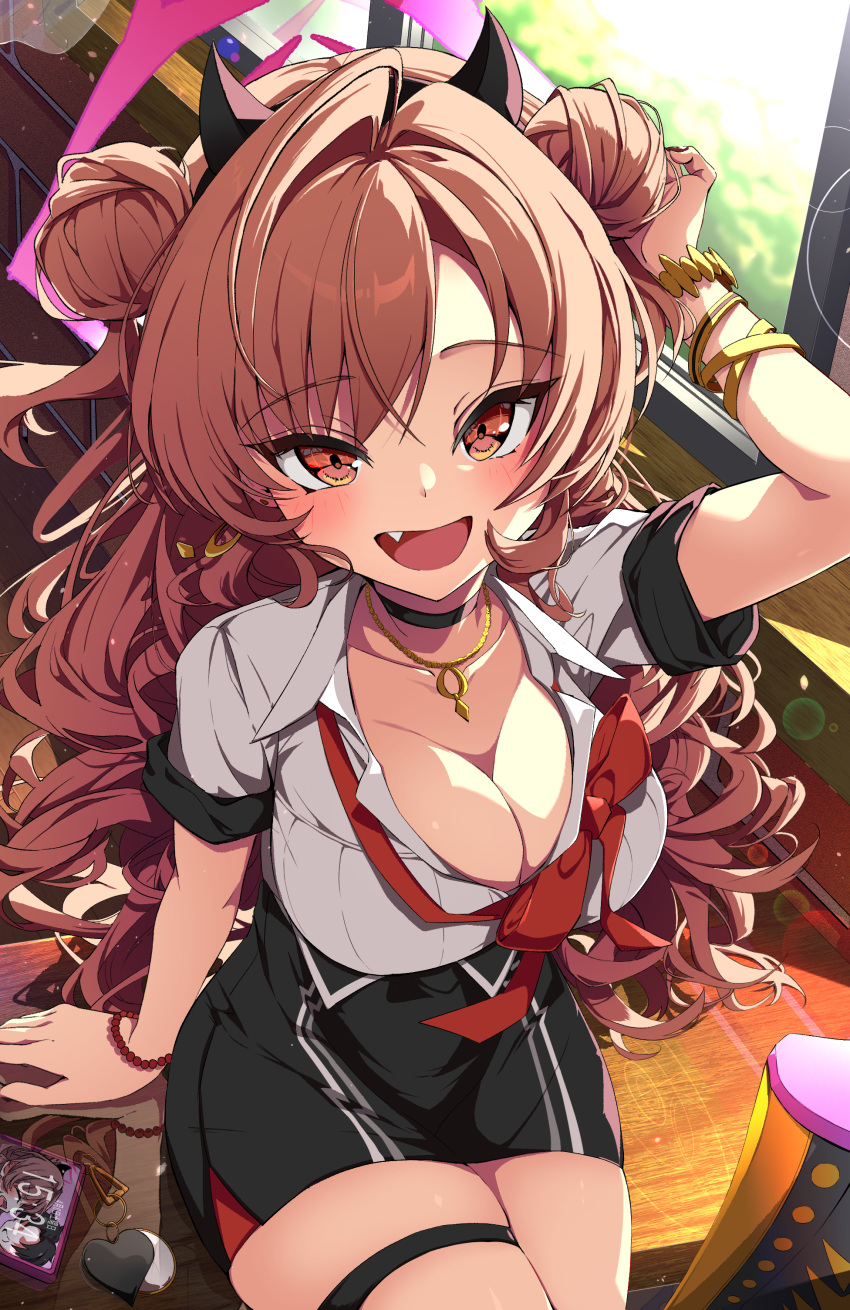 1girl absurdres arm_up black_choker black_horns black_skirt blue_archive blush bow bowtie bracelet breasts brown_hair choker classroom cleavage demon_horns double_bun fake_horns fake_nails fumi_(fumibeing) gyaru hair_bun halo highres horn_hairband horns jewelry kirara_(blue_archive) large_breasts loose_bowtie loose_neck_ribbon open_collar open_mouth pink_halo red_halo shirt sitting skirt smile solo thigh_strap two-tone_skirt white_shirt white_skirt