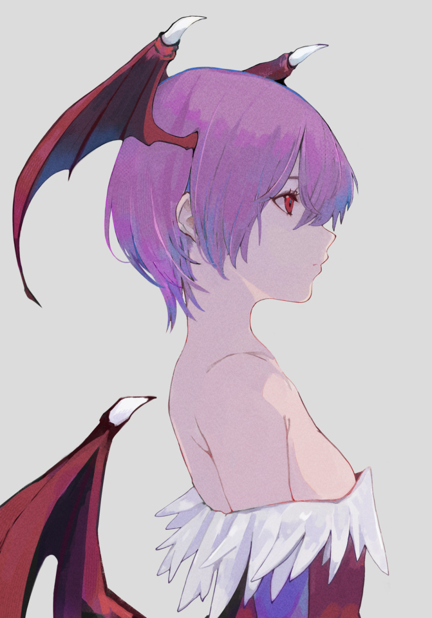 1girl bare_shoulders bat_wings breasts demon_girl fur_trim grey_background head_wings highres levvellevvel lilith_aensland pink_hair red_eyes red_wings short_hair small_breasts solo strapless vampire_(game) wings