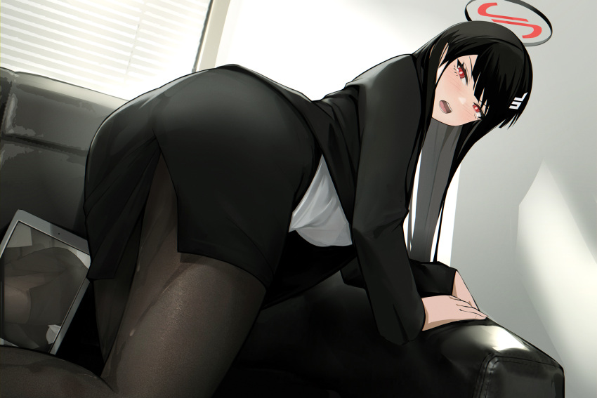 1girl black_hair black_jacket black_pantyhose black_skirt blackcat_enjia blue_archive blush bright_pupils couch halo hashtag-only_commentary highres indoors jacket long_hair looking_at_viewer office_lady on_couch open_clothes open_jacket open_mouth pantyhose pencil_skirt red_eyes rio_(blue_archive) side_slit skirt solo suggestive_fluid tablet_pc