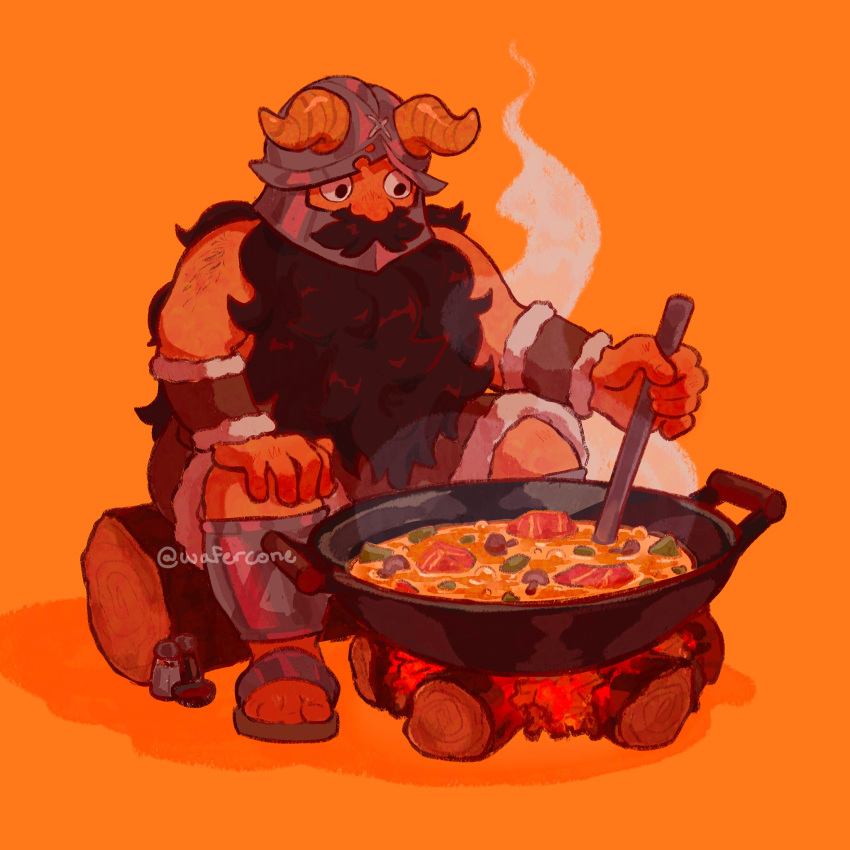 1boy beard brown_hair campfire cooking dungeon_meshi dwarf facial_hair fake_horns full_body helmet highres horned_helmet horns log long_beard male_focus orange_theme senshi_(dungeon_meshi) sitting solo sparse_arm_hair steam stew thick_mustache very_long_beard wafercone wok