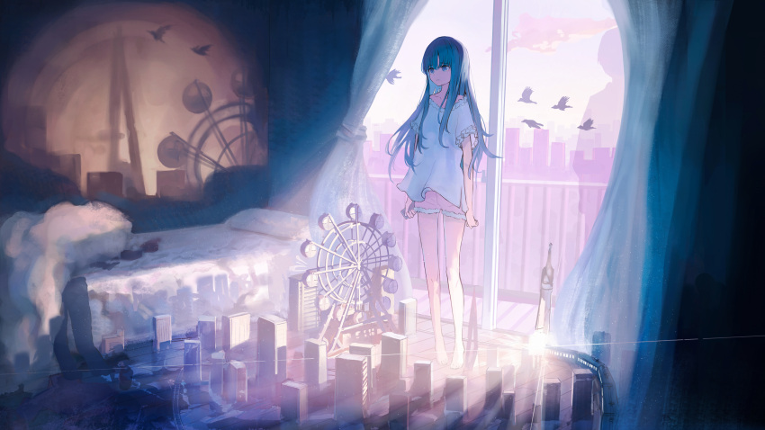 1girl backlighting balcony barefoot bed bedroom bird blanket blue_eyes blue_hair cellphone choppy_bangs city cloud curtains ferris_wheel frilled_shirt frills frown full_body glass_door highres holding holding_phone indoors kirei_natuki long_hair looking_ahead model_building model_train official_art original parted_lips phone pink_shorts shadow shirt short_sleeves shorts silhouette smartphone solo standing t-shirt white_shirt wooden_floor