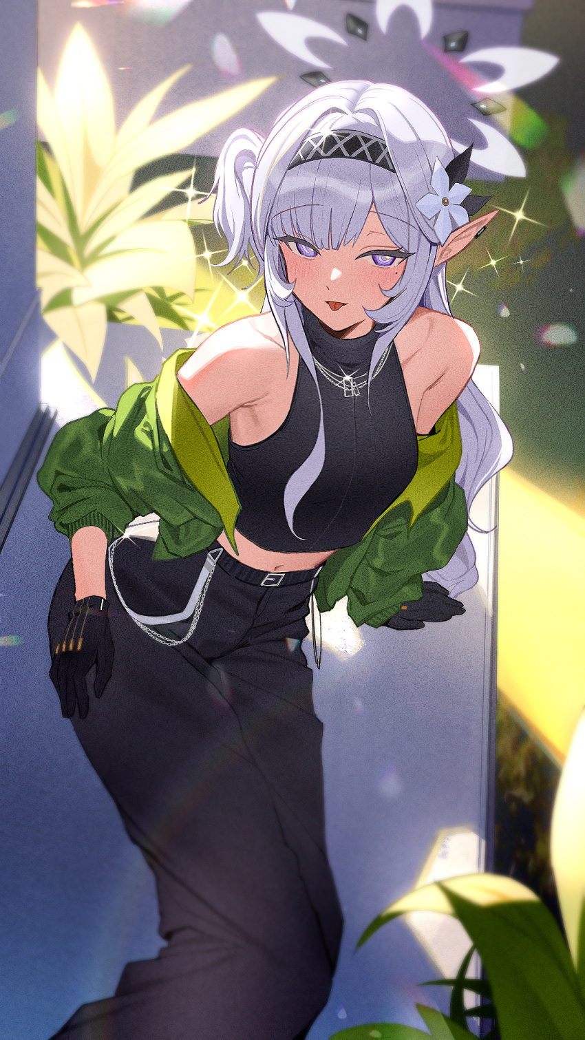 1girl arm_support bare_shoulders black_gloves black_pants black_shirt blue_archive blush cropped_shirt earclip flower gloves grey_halo hair_flower hair_ornament halo highres himari_(blue_archive) long_hair looking_at_viewer mole mole_under_eye off_shoulder pants pointy_ears purple_eyes shirt sleeveless sleeveless_shirt solo tongue tongue_out white_flower white_halo zanya_000