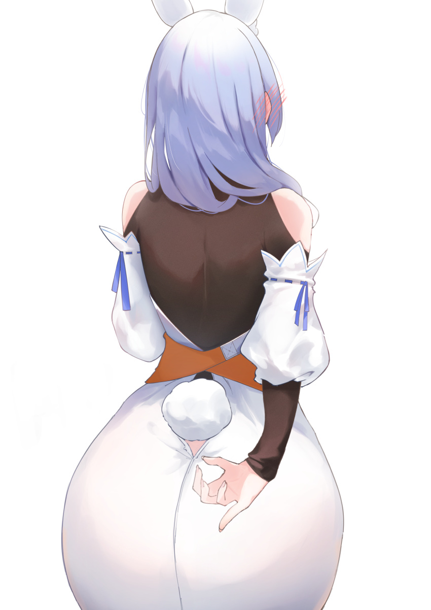 1girl absurdres ass ass_focus attu back back_focus blush detached_sleeves dress ear_blush facing_away from_behind highres hololive huge_ass long_hair mature_female pekomama rabbit_girl rabbit_tail simple_background solo standing tail virtual_youtuber white_background