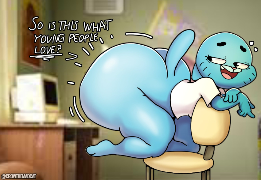 3_toes anthro big_butt blue_body butt cartoon_network chair domestic_cat english_text feet felid feline felis female furniture hi_res huge_butt mammal nicole_watterson solo tail text the_amazing_world_of_gumball thedeathcrow05 thick_thighs toes