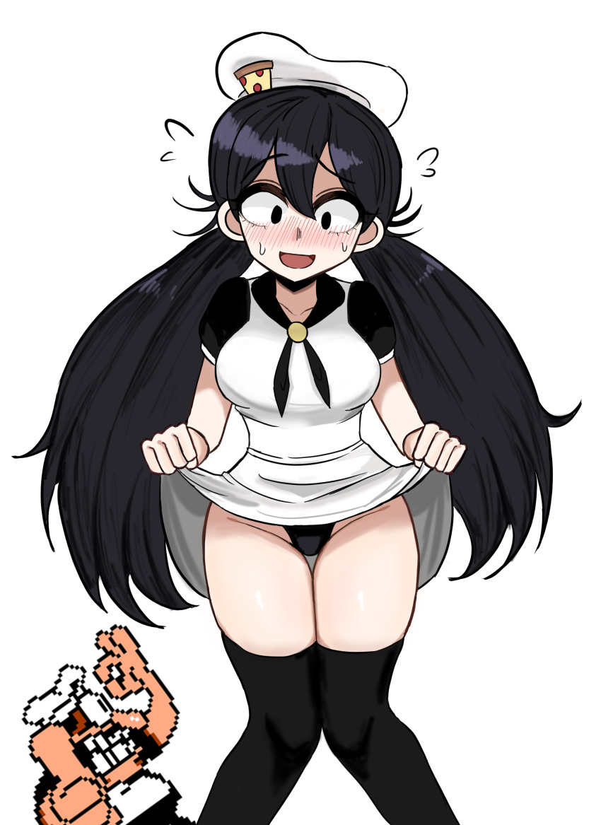 1boy 1girl absurdres black_eyes black_hair black_panties black_thighhighs blush breasts clenched_hand clothes_lift dress dress_lift dress_shirt embarrassed flying_sweatdrops food hair_between_eyes hat highres large_breasts lifted_by_self noodles ok_sign panties peppina_ramen peppino_spaghetti pixel_art pizza_tower ppppddd ramen shirt short_sleeves simple_background smile standing sweat thighhighs thumbs_up twintails underwear white_background white_hat