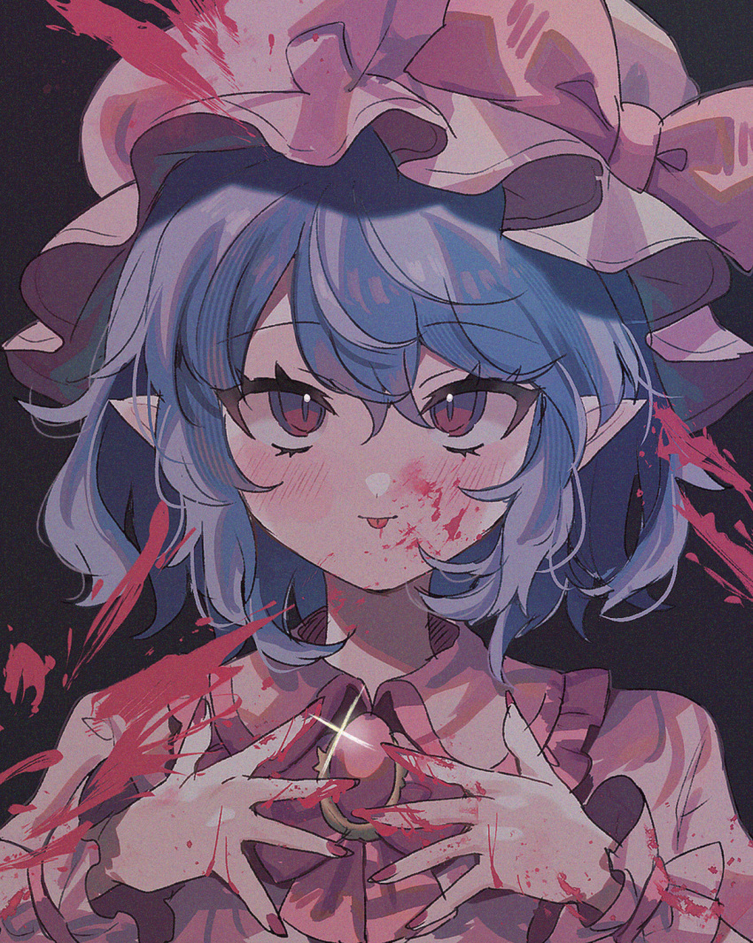 1girl blood blood_on_face blood_on_hands blue_hair blush brooch collared_shirt fingernails frilled_shirt_collar frills haruwaka_064 hat highres jewelry looking_at_viewer mob_cap nail_polish pink_hat pink_shirt pointy_ears red_eyes red_nails remilia_scarlet shirt short_hair short_sleeves solo tongue tongue_out touhou upper_body wrist_cuffs