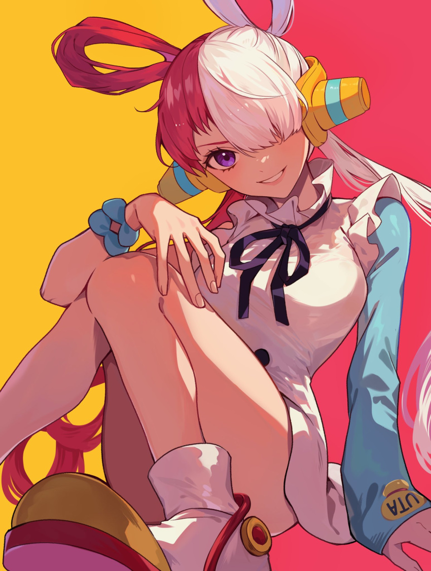 1girl artist_request behind-the-head_headphones black_ribbon dress hair_over_one_eye hair_rings headphones highres looking_at_viewer multicolored_hair one_piece one_piece_film:_red purple_eyes red_hair ribbon single_sleeve smile split-color_hair two-tone_hair uta_(one_piece) white_dress white_hair