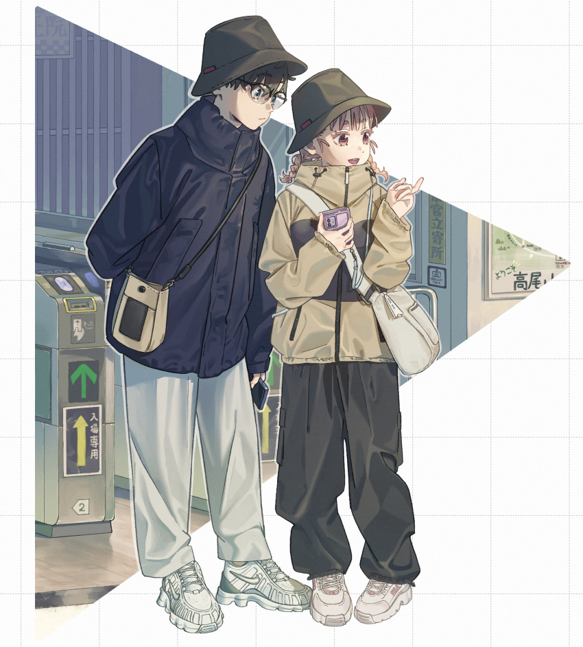 1boy 1girl :d bag black_hat black_pants blue_eyes blue_jacket braid brown_hair cellphone cross-laced_footwear drawstring full_body glasses grid_background hands_up hat height_difference highres holding holding_phone jacket leaning_forward looking_to_the_side medium_hair mi_(pic52pic) original outside_border pants phone pink_hair pointing red_eyes shoes short_hair shoulder_bag smile standing streetwear train_station twin_braids twintails white_background white_footwear white_pants yellow_jacket